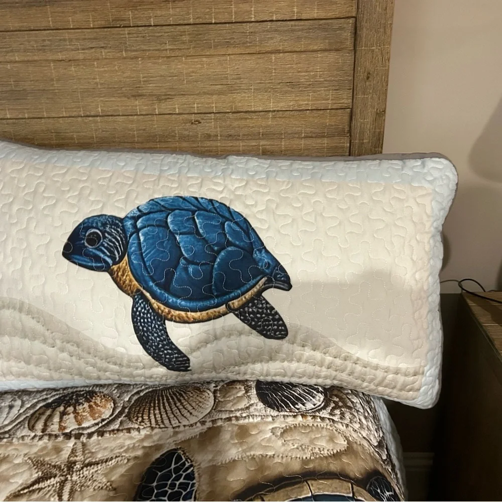 Sea Turtle Quilted Bedspread in Blue and Tan - Picture 8 of 14